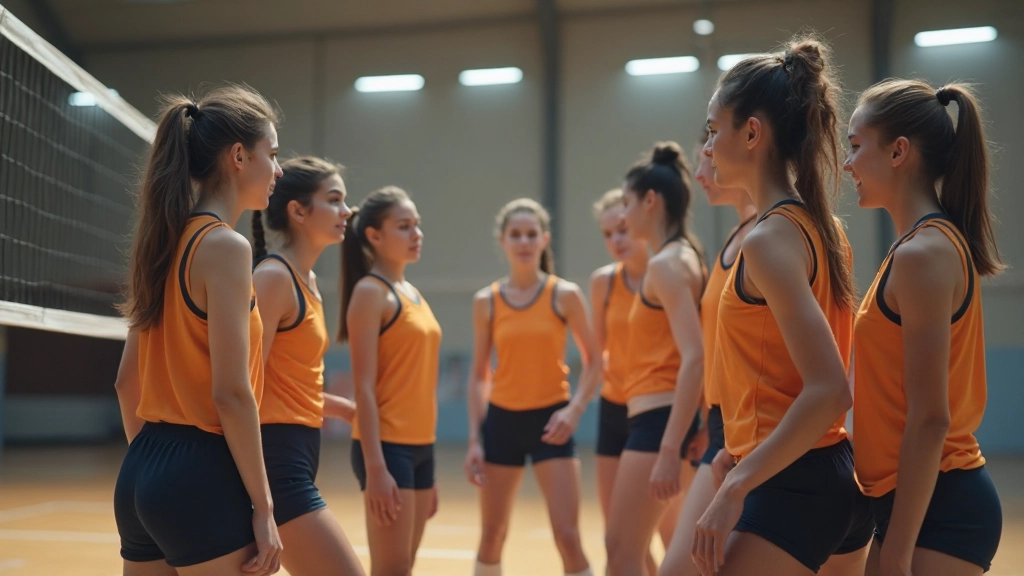 مجموعة لاعبين كرة طائرة يتعاونون في تمرين فريقي متقدم