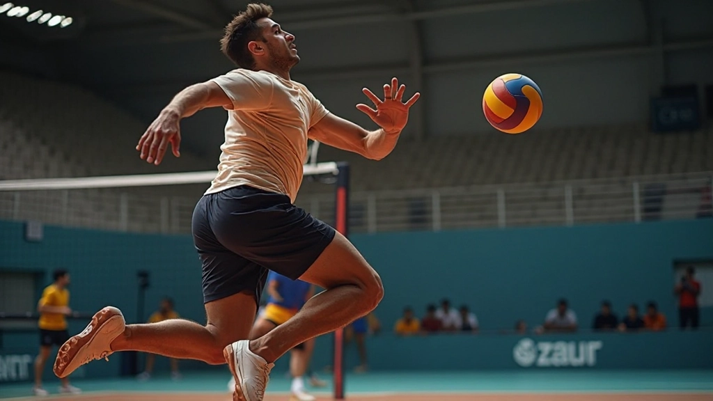 لاعب كرة طائرة يقوم بضربة هجومية قوية في الملعب