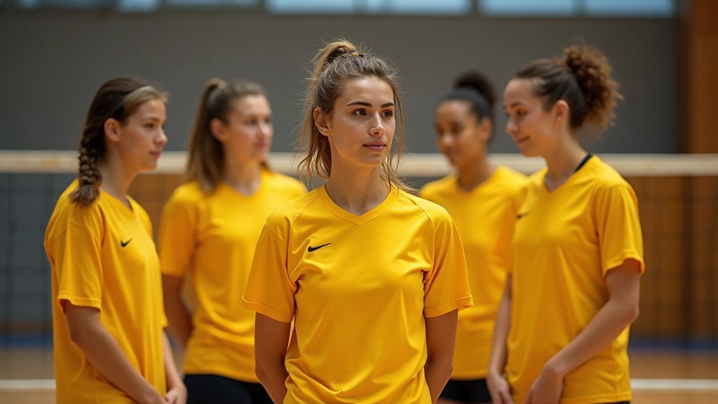 فريق كرة طائرة يقفون معاً في تشكيل دفاعي قوي